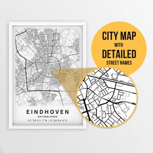Carte imprimable d’Eindhoven, Pays-Bas avec noms de rues - Téléchargement instantané \ Plan de la ville \ Cadeau de voyage \ Affiche de la ville \ Impression de carte routière