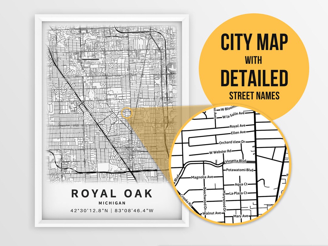 Printable Map of Royal Oak MI With Street Names Michigan USA Etsy
