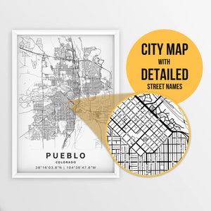 Printable Map of Pueblo, Colorado, USA with Street Names - Instant Download \ City Map \ Travel Gift \ City Poster \ Road Map Print