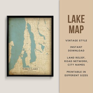 Mapa de estilo antiguo de Torch Lake, Michigan, EE. UU., con nombres de ciudades - Descarga instantánea \ Mapa de lagos \ Arte de pared \ Póster imprimible \ Arte rústico