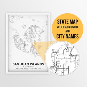 Afdrukbare kaart van San Juan Islands, Washington met plaatsnamen en wegen - Instant Download \ State Map \ Map Art \ Push Pin \ Map Poster