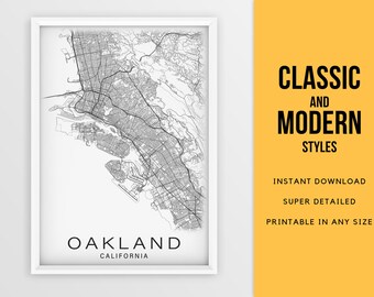 Druckbare Karte von Oakland, Kalifornien, USA - Sofort Download \ Stadtplan \ Geschenkidee \ Wall Art \ Map Poster