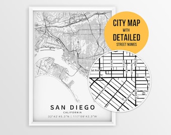 Plakat z mapą San Diego w Kalifornii, mapa drogowa centrum miasta do druku z nazwami ulic (do natychmiastowego pobrania)
