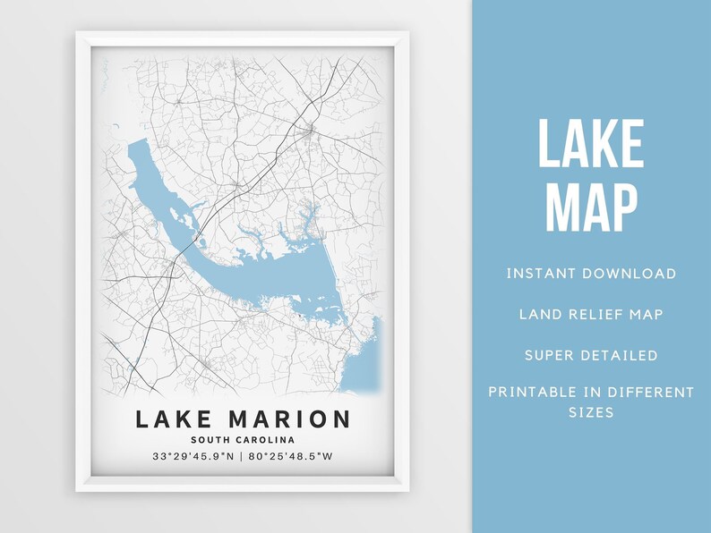 Printable Map of Lake Marion South Carolina United States Etsy