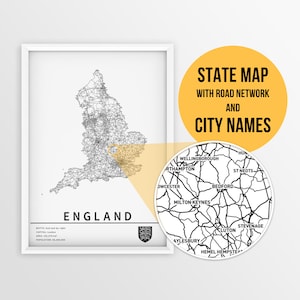 Druckbare Karte von England, Grossbritannien mit Städtenamen und Strassen - zum sofortigen Download / Download