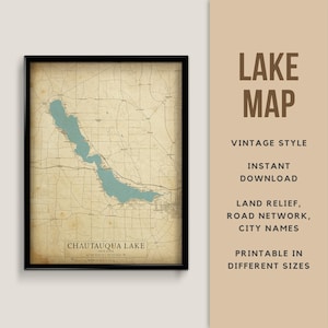 Mapa de estilo vintage del lago Chautauqua, Nueva York, EE. UU. con nombres de ciudades - Descarga instantánea \ Mapa del lago \ Casa del lago \ Mapa rústico \ Póster del mapa