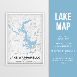 Mapa imprimible del lago Wappapello, Missouri, EE. UU. - Descarga instantánea \ Mapa del lago \ Cartel del mapa \ Decoración de la casa del lago \ LakeLife \ Pesca \ Paseos en bote