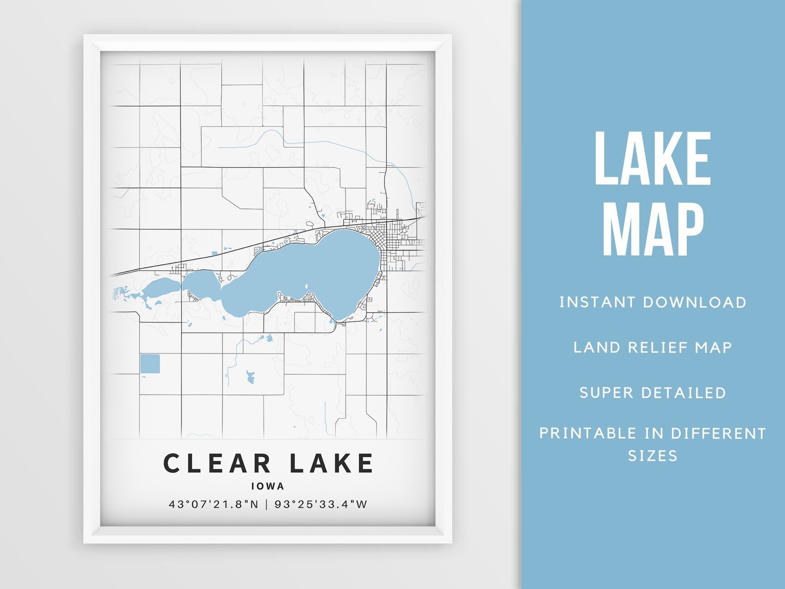 Printable Map of Clear Lake Iowa United States Instant Etsy