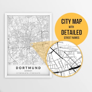 Mapa imprimible de Dortmund, Alemania con nombres de calles - Descarga instantánea \ Mapa de la ciudad \ Regalo de viaje \ Cartel de la ciudad \ Impresión de hoja de ruta \ Arte de pared