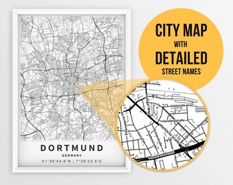 Afdrukbare kaart van Dortmund, Duitsland met straatnamen - Instant Download \ Stadsplattegrond \ Reiscadeau \ Stadsposter \ Routekaart afdrukken \ Muurkunst