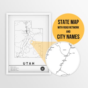 Carte imprimable de l'Utah, aux États-Unis, avec les noms des villes et des routes - Téléchargement immédiat \ State Map \ Map Art \ Push Pin Map \ Travel Planner