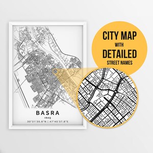 Druckbare Karte von Basra, Irak mit Straßennamen - Sofort Download \ City Map \ Travel Gift \ City Poster \ Road Map Print \ Wall Art