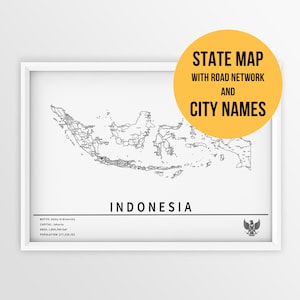 Afdrukbare kaart van Indonesië met stadsnamen en wegen - Instant Download \ Landkaart \ Kaartkunst \ Push Pin Map \ Reisplanner \ Posterkaart