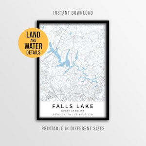 Falls Lake Map Print, North Carolina Triangle Area Printable Lake House Decor (Instant Download)