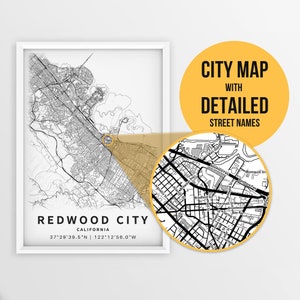 Mapa para impressão de Redwood City, Califórnia, EUA com nomes de ruas - download instantâneo \ Mapa da cidade \ Presente de viagem \ Cartaz da cidade \ Impressão de mapa de estradas