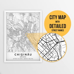 Druckbare Karte von Chisinau, Moldawien mit Straßennamen - Sofort Download \ City Map \ Travel Gift \ City Poster \ Road Map Print \ Wall Art