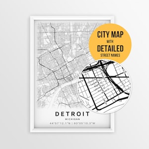 May include: A framed black and white map of Detroit, Michigan, featuring a circular inset showing detailed street names like Bagley St and Porter St. The text reads DETROIT MICHIGAN 44°57'12.1"N | 93°05'10.3"W and CITY MAP WITH DETAILED STREET NAMES.