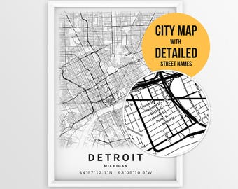 Detroit Michigan Map with Street Names, Printable Detroit City Poster (Instant Download)