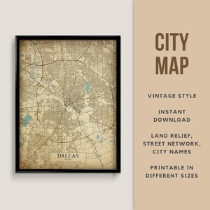 Printable Vintage Style Map of Dallas, Texas, USA - Instant Download \ Street Map \ Wall Art \ Map Poster \ Antique Style \ Map Print