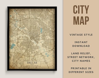 Printable Vintage Style Map of Dallas, Texas, USA - Instant Download \ Street Map \ Wall Art \ Map Poster \ Antique Style \ Map Print