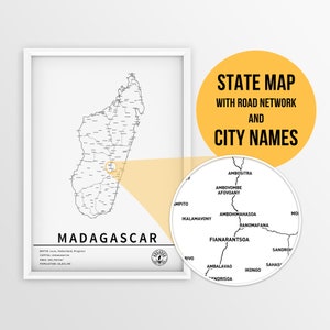 Carte imprimable de Madagascar avec les noms des villes et des routes - Téléchargement immédiat \ Carte du pays \ Impression de carte \ Carte à épingles \ Travel Planner \ Art mural