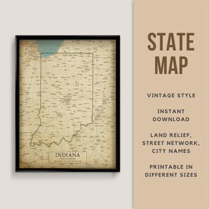 Indiana Printable Vintage Style Map poster - Instant Download, Road Map, Indiana Poster, Indiana Antique Style map, Indiana Indianapolis map