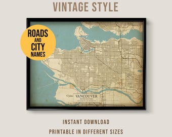 Vancouver, British Columbia, Kanada Vintage Stil Karte, Vancouver City Poster zum Ausdrucken (Instant Download)