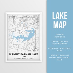 Mapa imprimible de Wright Patman Lake, Texas, EE. UU. - Descarga instantánea \ Mapa del lago \ Cartel del mapa \ Decoración de la casa del lago \ LakeLife \ Pesca \ Paseos en bote