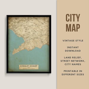 Printable Vintage Style Map of Amalfi Coast, Italy - Instant Download \ Street Map \ Map Poster \ Antique Style \ Map Print \ Italy Gift