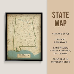 Alabama Vintage Stil Karte Poster - sofortiger Download, Straßenkarte, Alabama Poster, Alabama antiker Stil Karte, Yellowhammer State