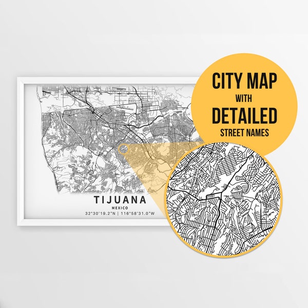 Carte imprimable de Tijuana, Mexique avec les noms de rue - téléchargement immédiat \ plan de la ville \ art mural \ affiche du Mexique \ route du Mexique \ impression de carte