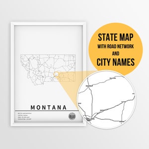 Carte imprimable du Montana, aux États-Unis, avec les noms des villes et des routes - téléchargement immédiat \ State Map \ Map Art \ Push Pin Map \ Travel Planner