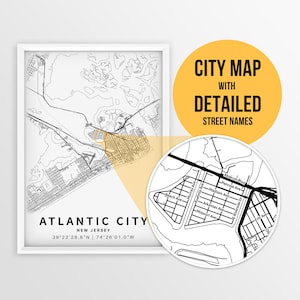 Printable Map of Atlantic City, New Jersey, USA with Street Names - Instant Download \ City Map \ Travel Gift \ City Poster \ Map Print