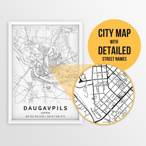Printable Map of Daugavpils, Latvia with Street Names - Instant Download \ City Map \ Travel Gift \ City Poster \ Road Map Print \ Wall Art