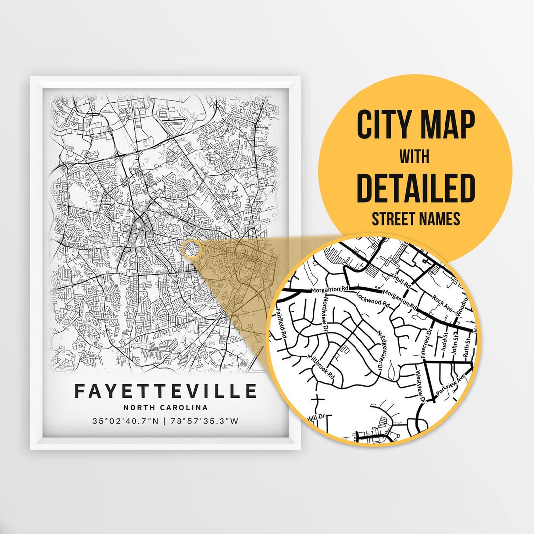 Printable Map of Fayetteville, North Carolina, USA With Street Names Instant Download City Map