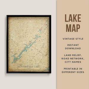 Vintage stijl kaart van Guntersville Lake, Alabama, VS met stadsnamen - Instant Download \ Lake Map \ Wall Art \ Printable Poster \ Map Print