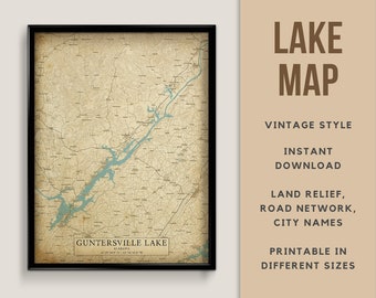 Vintage Style Map of Guntersville Lake, Alabama, USA with City names - Instant Download \ Lake Map \ Wall Art \ Printable Poster \ Map Print