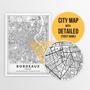 Printable Map of Bordeaux, France with Street Names - Instant Download \ City Map \ Travel Gift \ City Poster \ Road Map Print \ Street Map