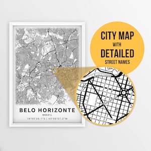 Belo Horizonte Stadtplan, Brasilien Karte mit Strassennamen - zum sofortigen Download ~ Karte ~ Stadt Karte ~ Stadt Poster ~ Strassenkarte Print