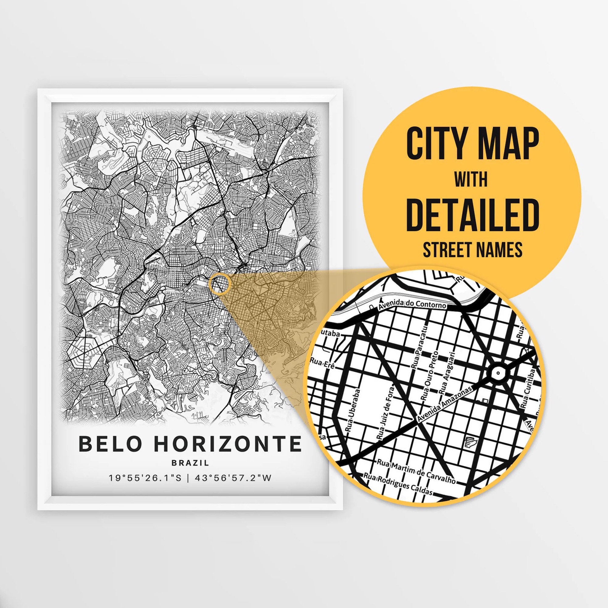 ブラジルのベロオリゾンテの通り名入り印刷可能な地図 - 即時