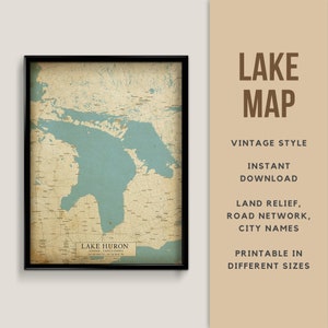 Vintage Stil Karte von Lake Huron, Kanada - USA mit Städtenamen - Sofort Download \ Lake Map \ Wall Art \ Printable Poster \ Lake House