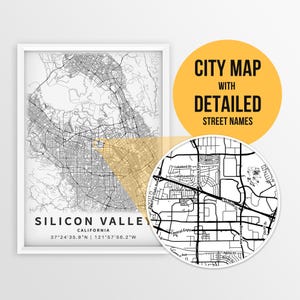 Afdrukbare kaart van Silicon Valley, Californië, VS met straatnamen - Instant Download \ Stadsplan \ Reiscadeau \ Stadsposter \ Kaart afdrukken