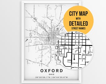 Stadtplan von Oxford, Ohio mit Straßennamen, druckbares Stadtposter von Oxford (Sofort-Download)