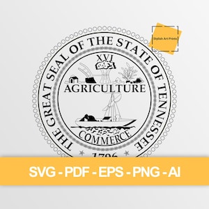 May include: A black and white graphic of the Great Seal of the State of Tennessee featuring a plow, a sheaf of wheat, a cotton plant, and a riverboat. The text reads THE GREAT SEAL OF THE STATE OF TENNESSEE, AGRICULTURE, COMMERCE, and 1796.
