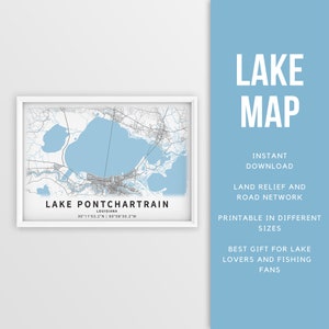 Mappa stampabile del lago Pontchartrain, Louisiana - Download istantaneo \ Mappa del lago \ Mappa Poster \ Lake House Decor \ LakeLife \ Pesca \ Canottaggio