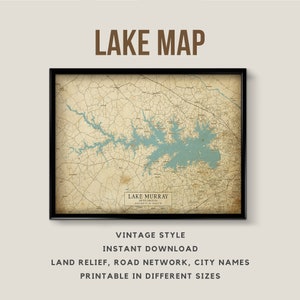 Vintage Style Map of Lake Murray, South Carolina, USA with City names - Instant Download \ Lake Map \ Wall Art \ Printable Poster \ Wall Art