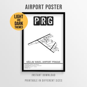 May include: Black framed airport poster featuring a minimalist line drawing of Václav Havel Airport Prague's layout. The poster includes the airport code "PRG" and text that reads "Airport Poster". Additional text indicates "Light and Dark Themes" and "Instant Download".