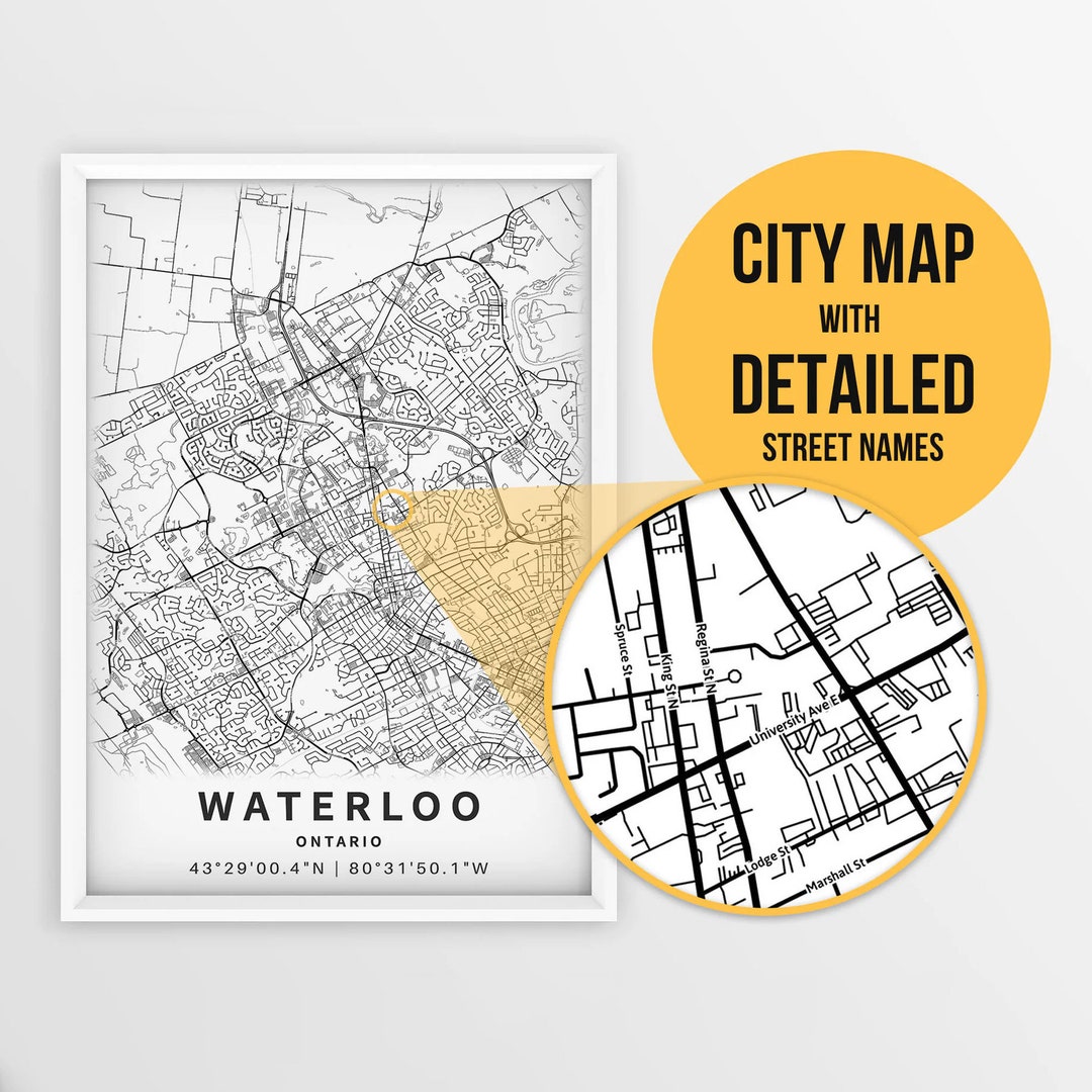 Printable Map of Waterloo, Ontario, Canada With Street Names Instant Download City Map Travel