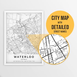 Printable Map of Waterloo, Ontario, Canada with Street Names - Instant Download \ City Map \ Travel Gift \ City Poster \ Road Map Print