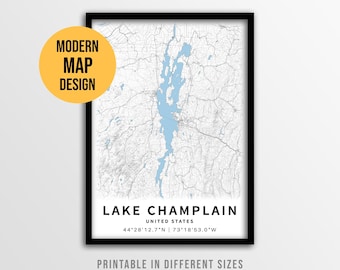 Póster con mapa del lago Champlain, Vermont, para imprimir y decorar tu casa junto al lago (descarga instantánea).